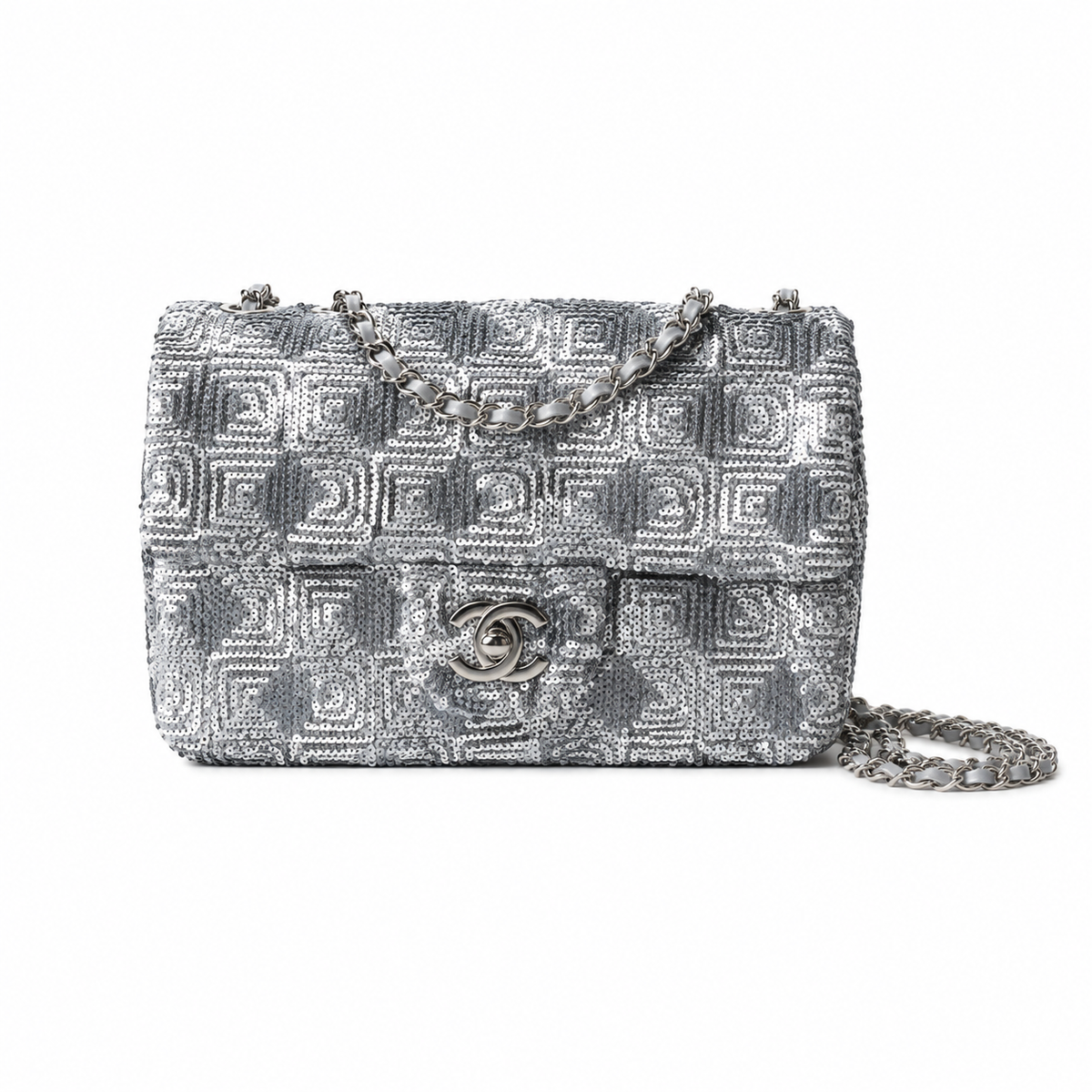 Chanel Silver Labyrinth Sequin Classic Flap Bag with Silver Chain