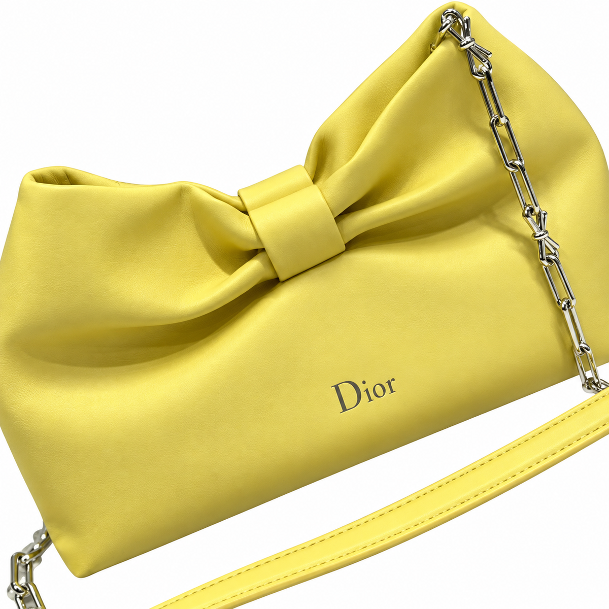 Dior Bow Clutch in Lemon Yellow Satin Leather with Gold Zip Closure