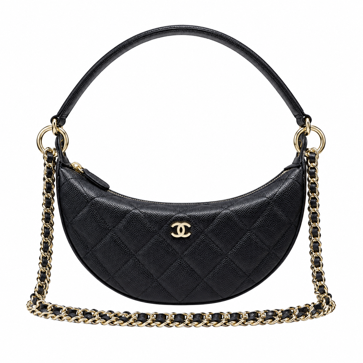 Chanel Black Quilted Caviar Half Moon Bag Gold Chain