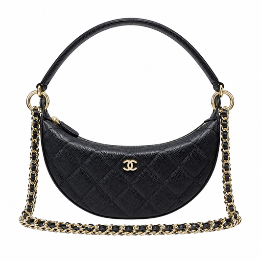 Chanel Black Quilted Caviar Half Moon Bag Gold Chain