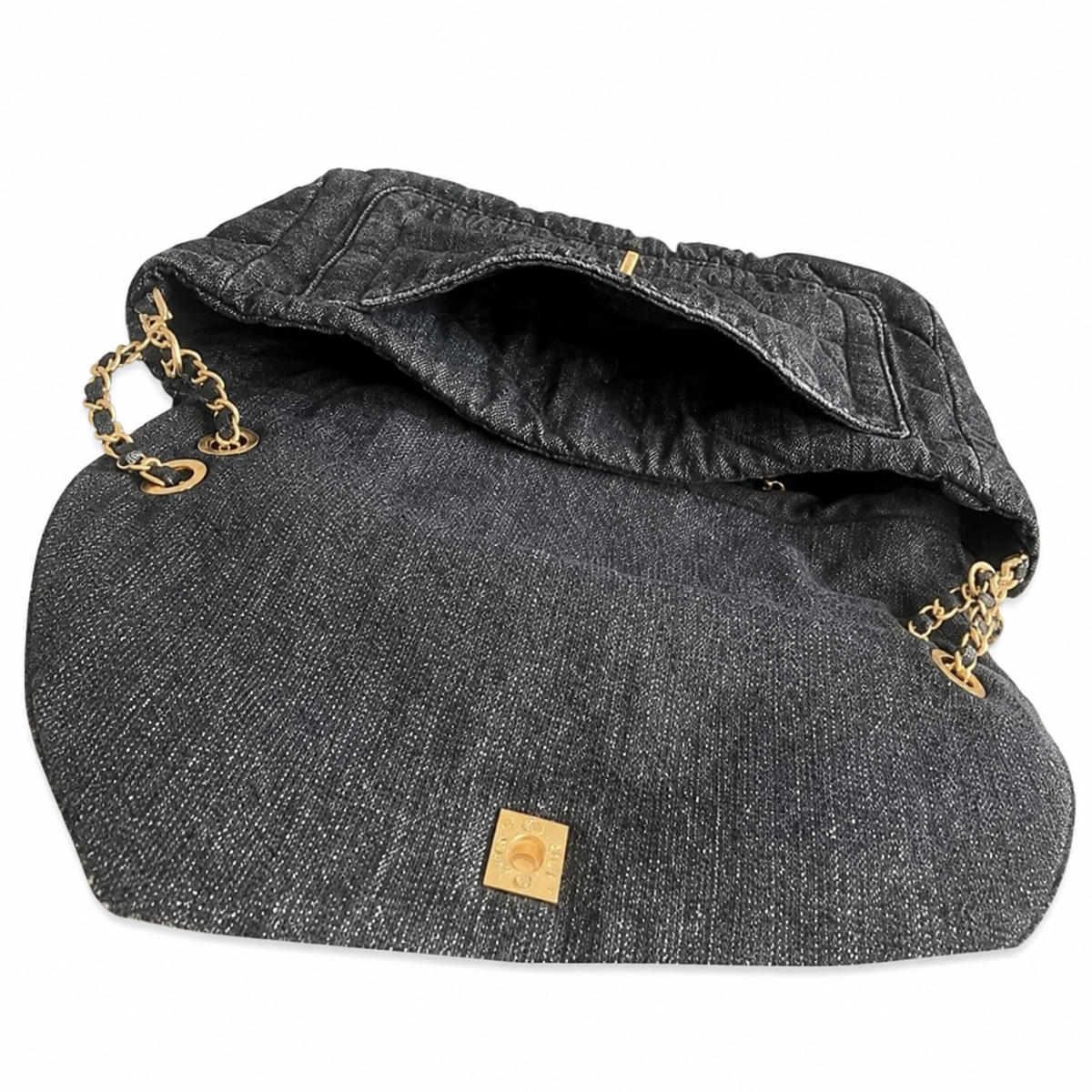 Chanel Quilted Navy Denim Flap Bag with Gold CC Lock and Charm