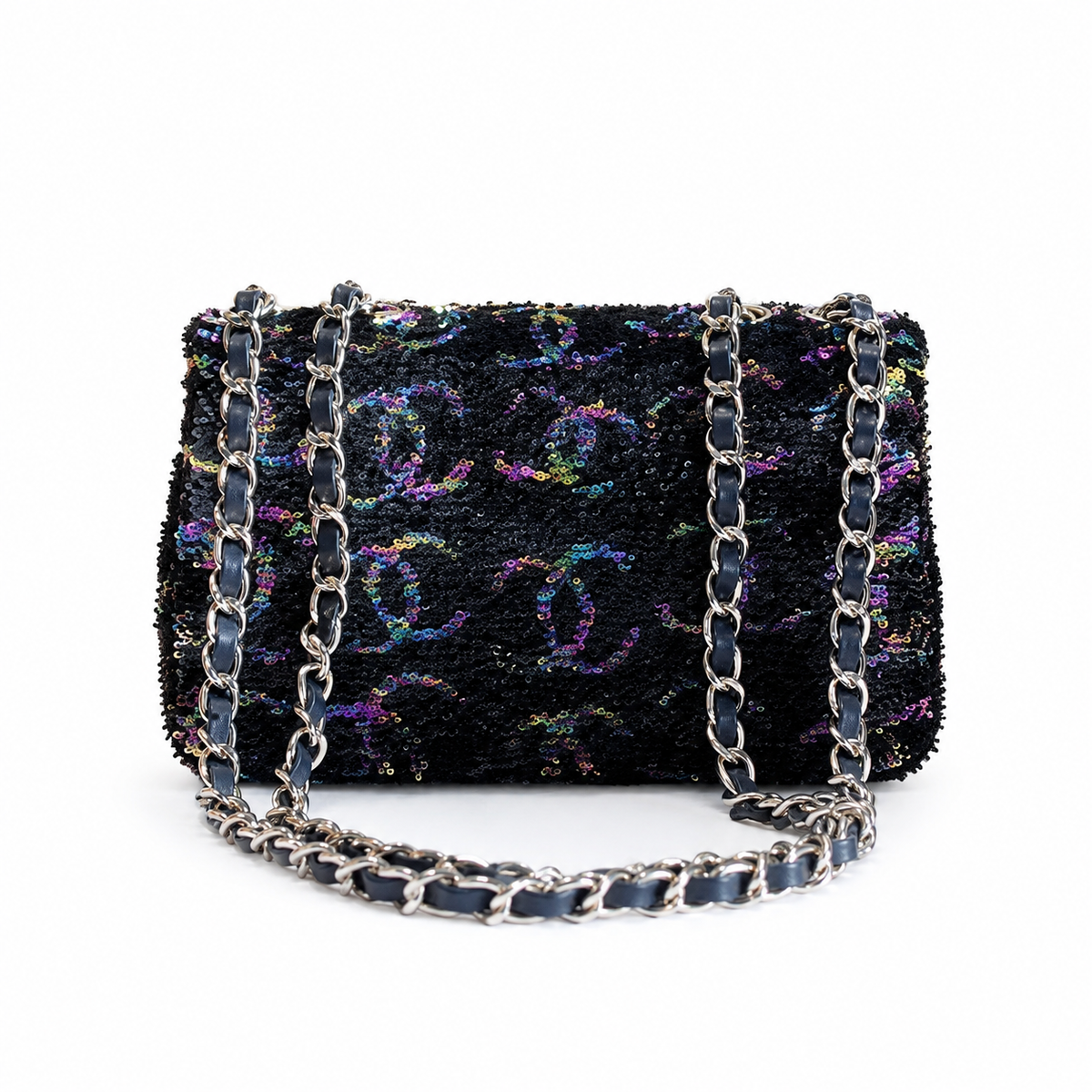 Chanel Classic Flap Bag in Black Holographic Sequin with Silver CC Lock