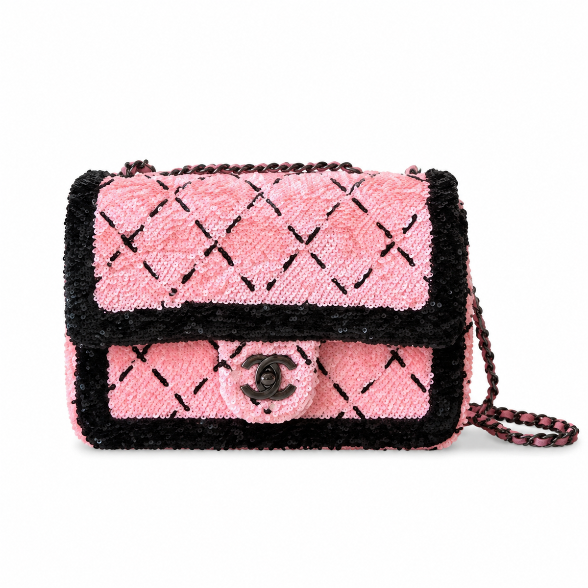 Chanel Quilted Pink and Black Sequin Classic Flap Bag with Gunmetal Chain