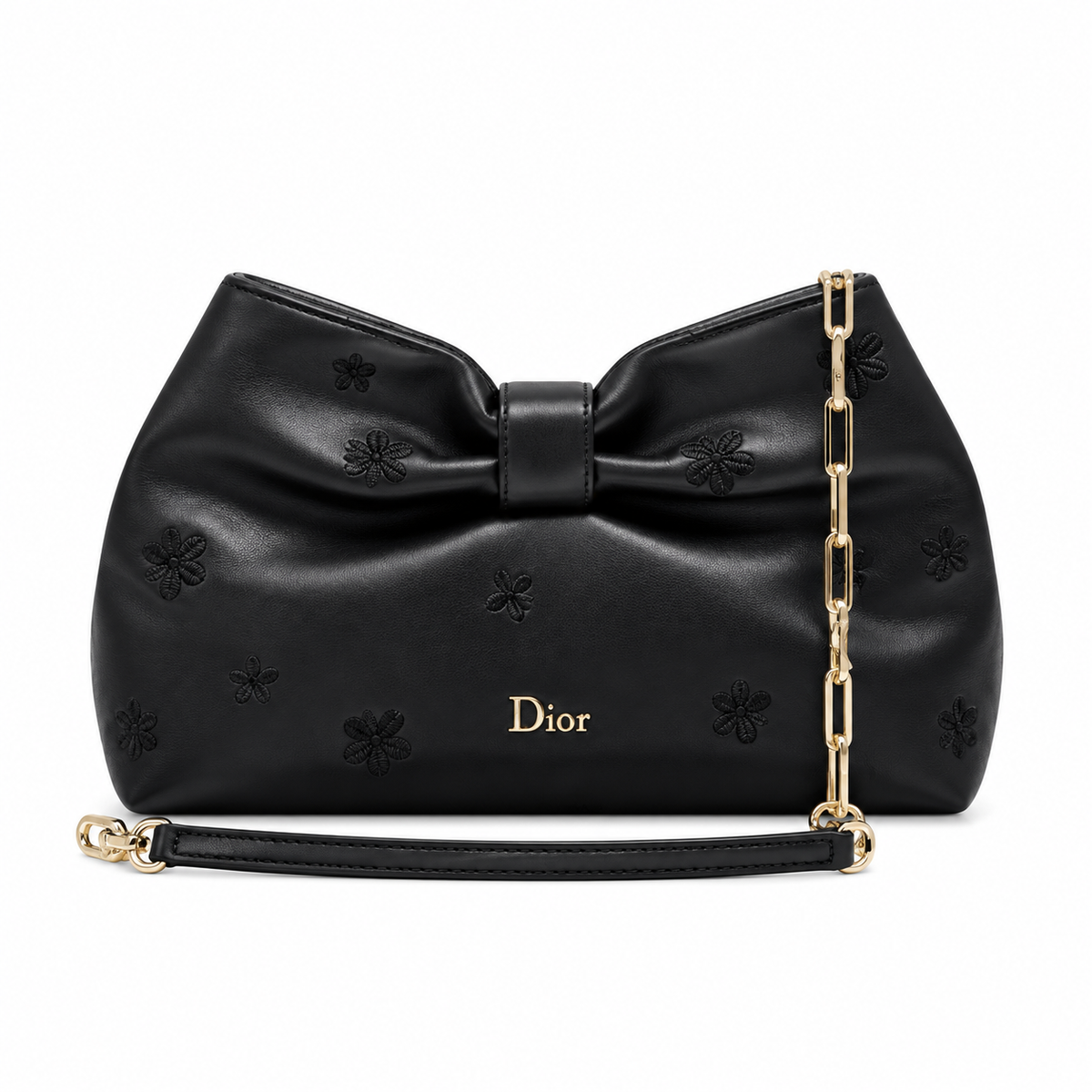 Dior Bow Bag in Black Leather with Floral Embroidery and Gold Chain