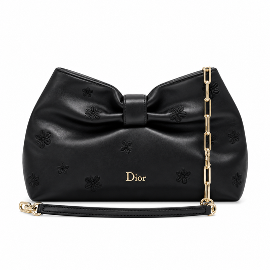 Dior Bow Bag in Black Leather with Floral Embroidery and Gold Chain