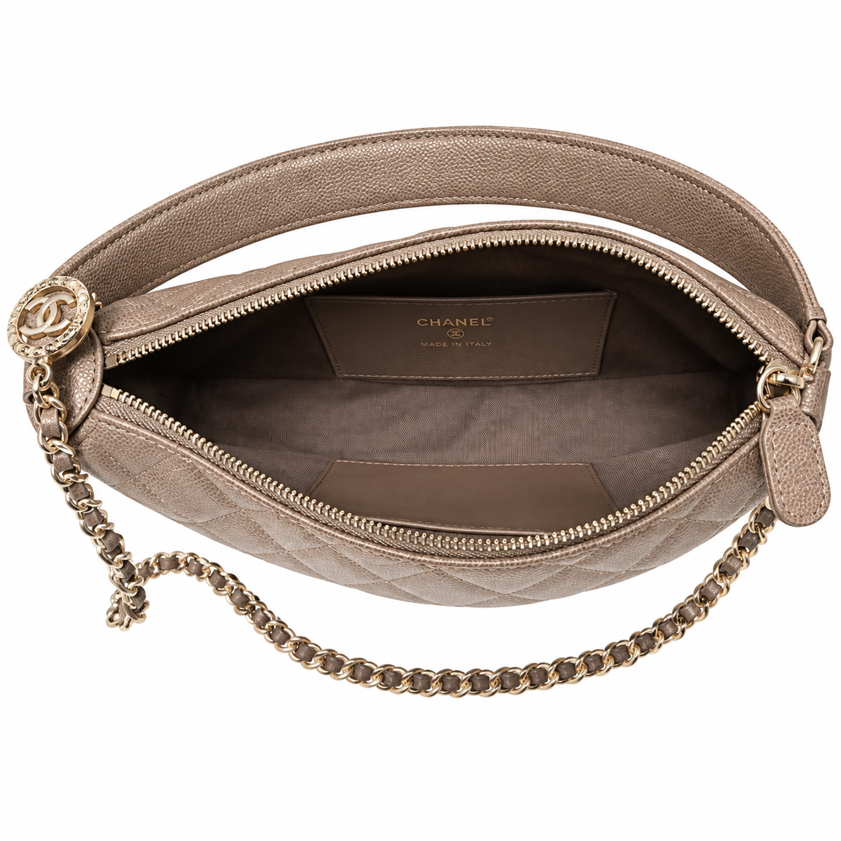 Chanel Taupe Quilted Caviar Half Moon Bag with Chain