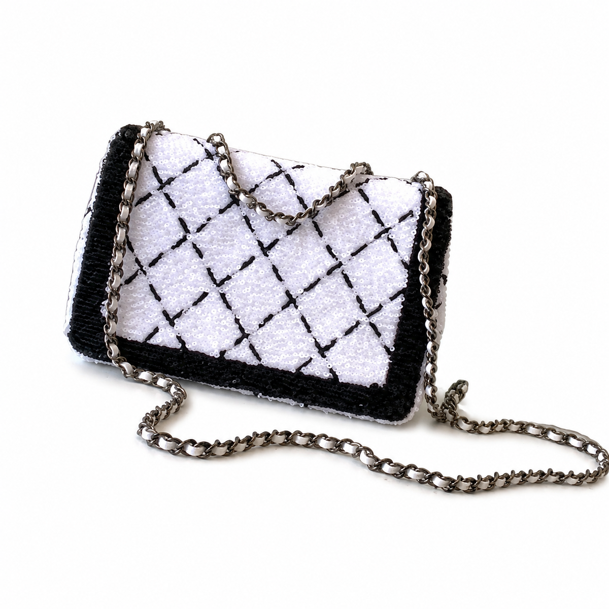Chanel Quilted Black and White Sequin Evening Clutch with Silver Chain