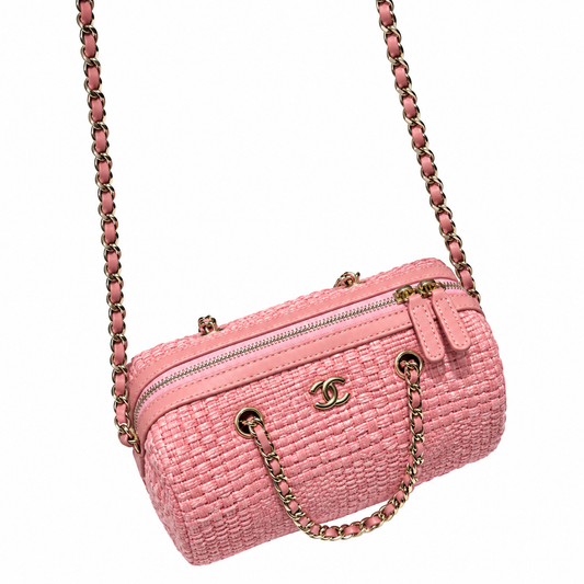 Chanel Pink Woven Raffia Small Vanity Case with Chain