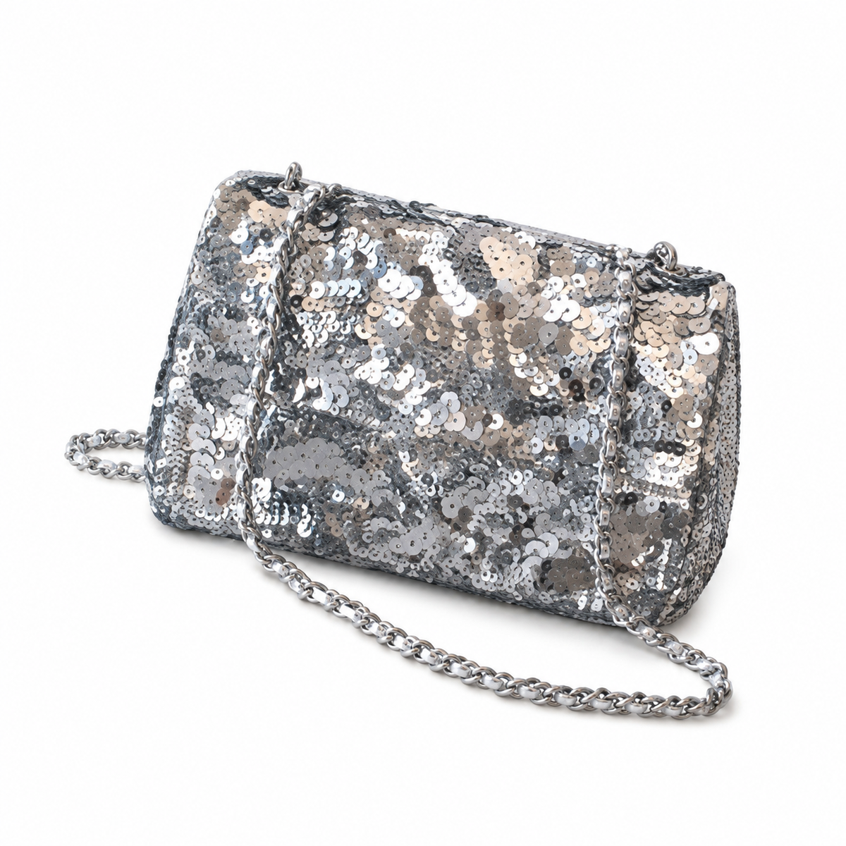 Chanel Classic Flap Bag in Silver and Gold Mixed Sequin with Silver Chain