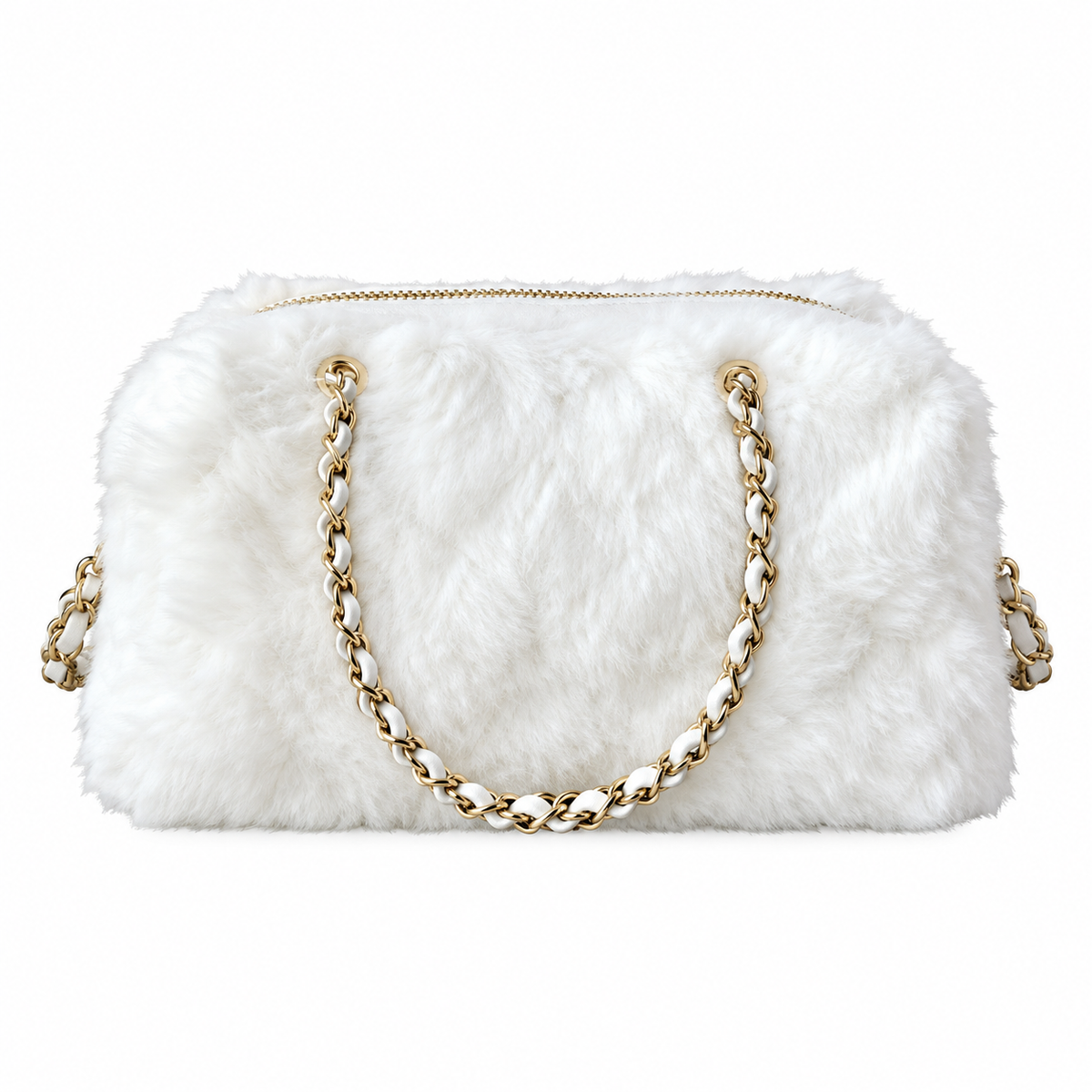 Chanel White Faux Fur CC Shoulder Bag with Chain