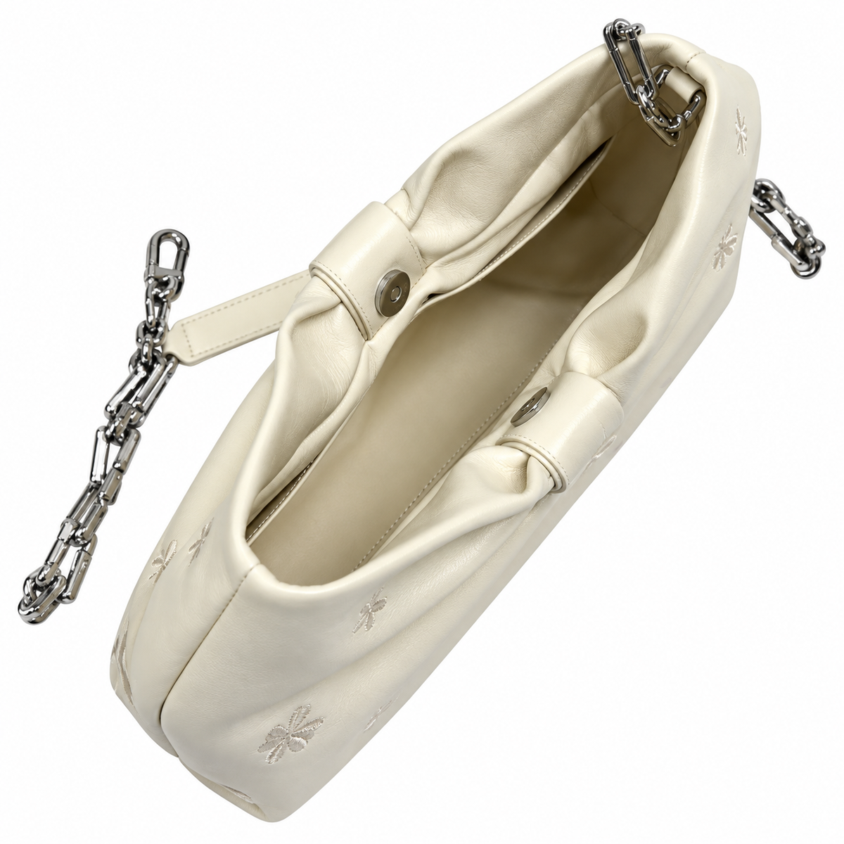Dior Bow Bag in Ivory Lambskin with Floral Embroidery and Silver Chain