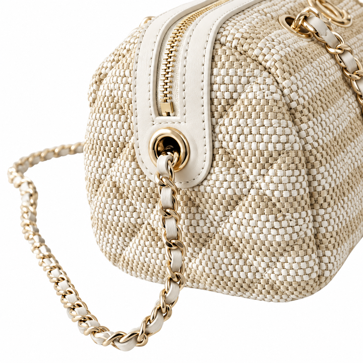Chanel Beige Quilted Raffia Bowling Bag with Chain