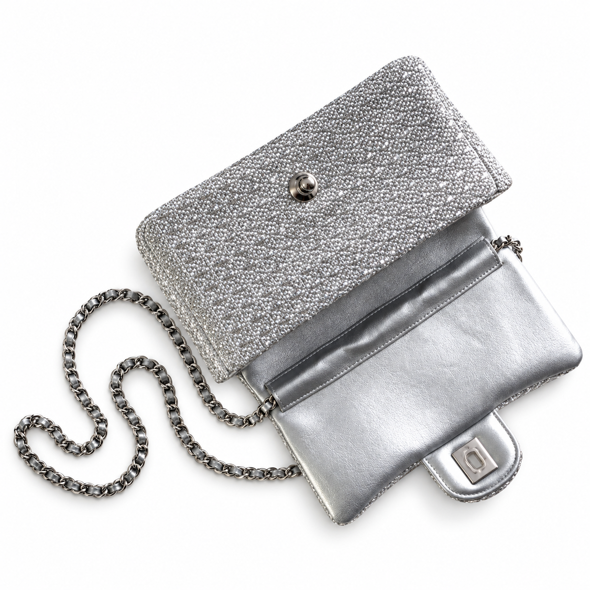Chanel Silver Crystal Evening Clutch with Chain