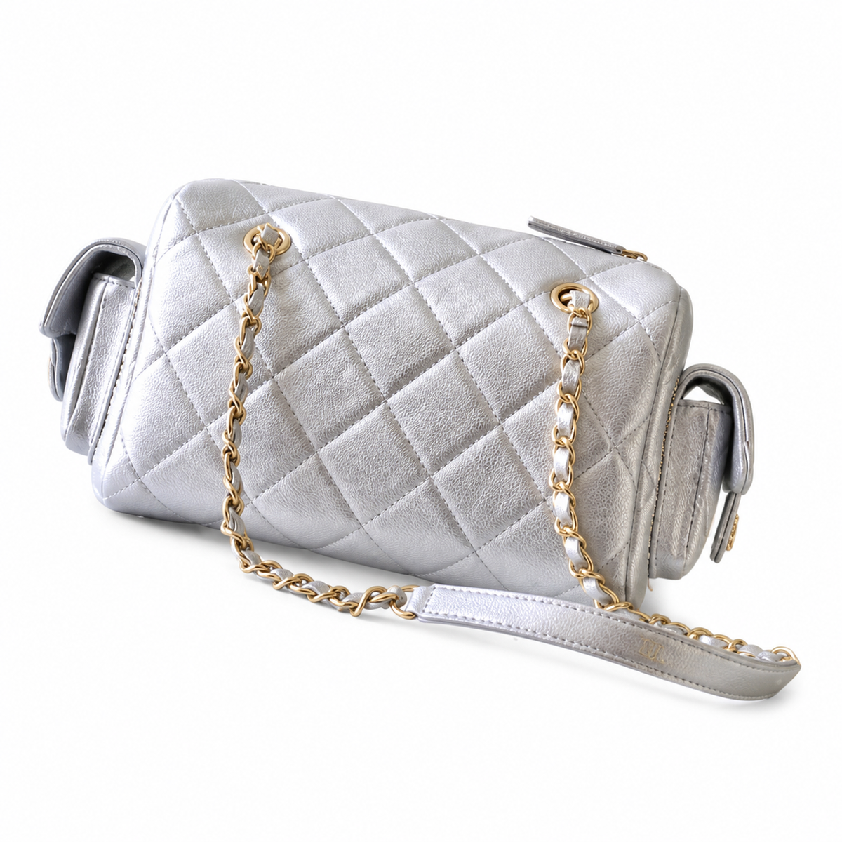 Chanel Quilted Silver Metallic Camera Bag with Gold CC Logo