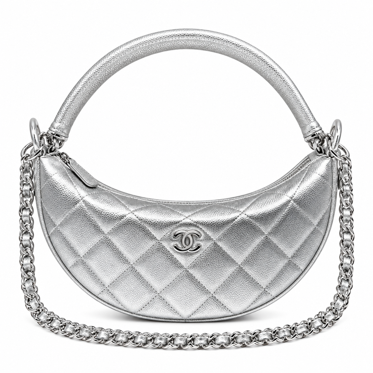 Chanel Silver Metallic Quilted Half Moon Bag with Chain