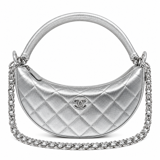 Chanel Silver Metallic Quilted Half Moon Bag with Chain