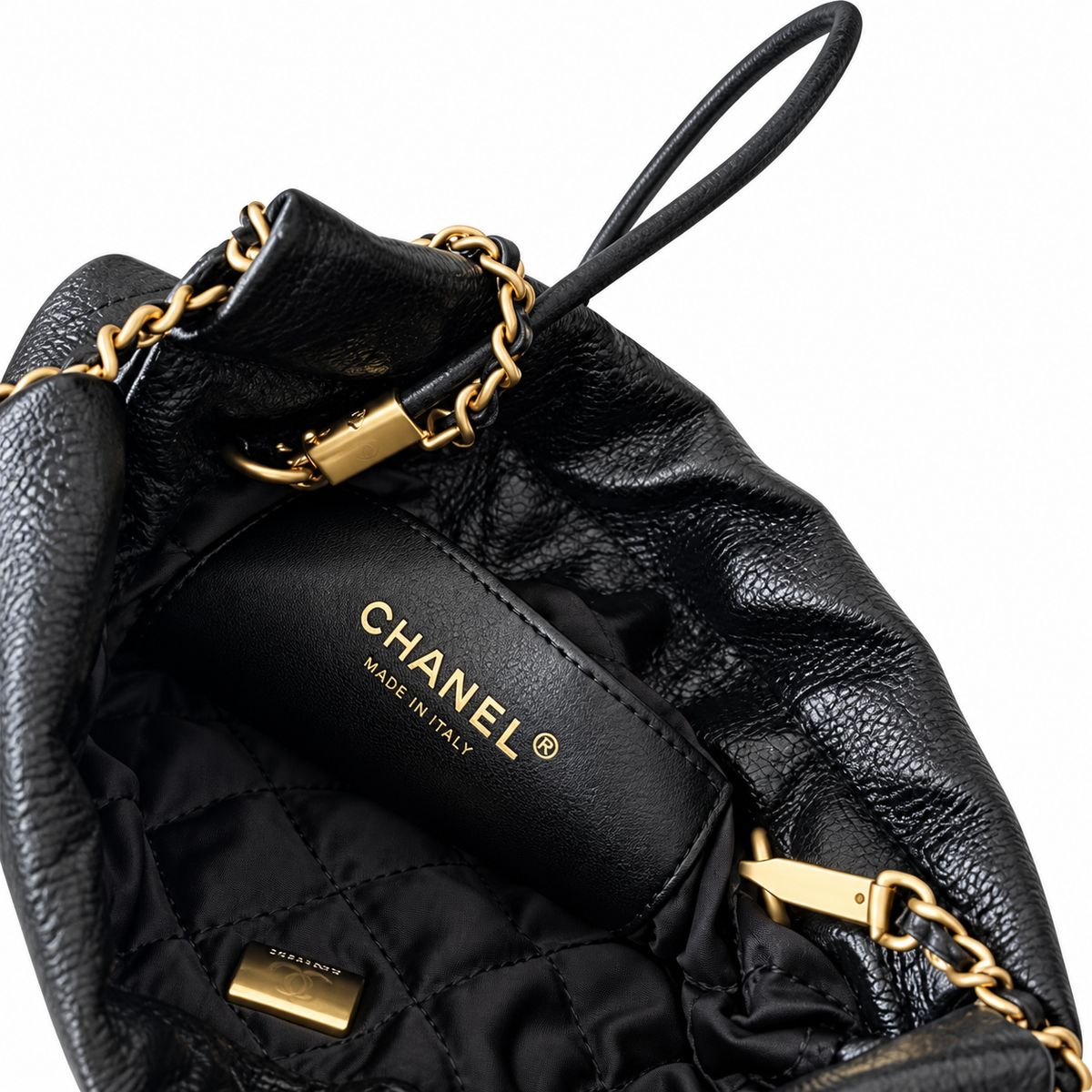 Chanel Black Quilted 22 Mini Bag with Pearl Chain