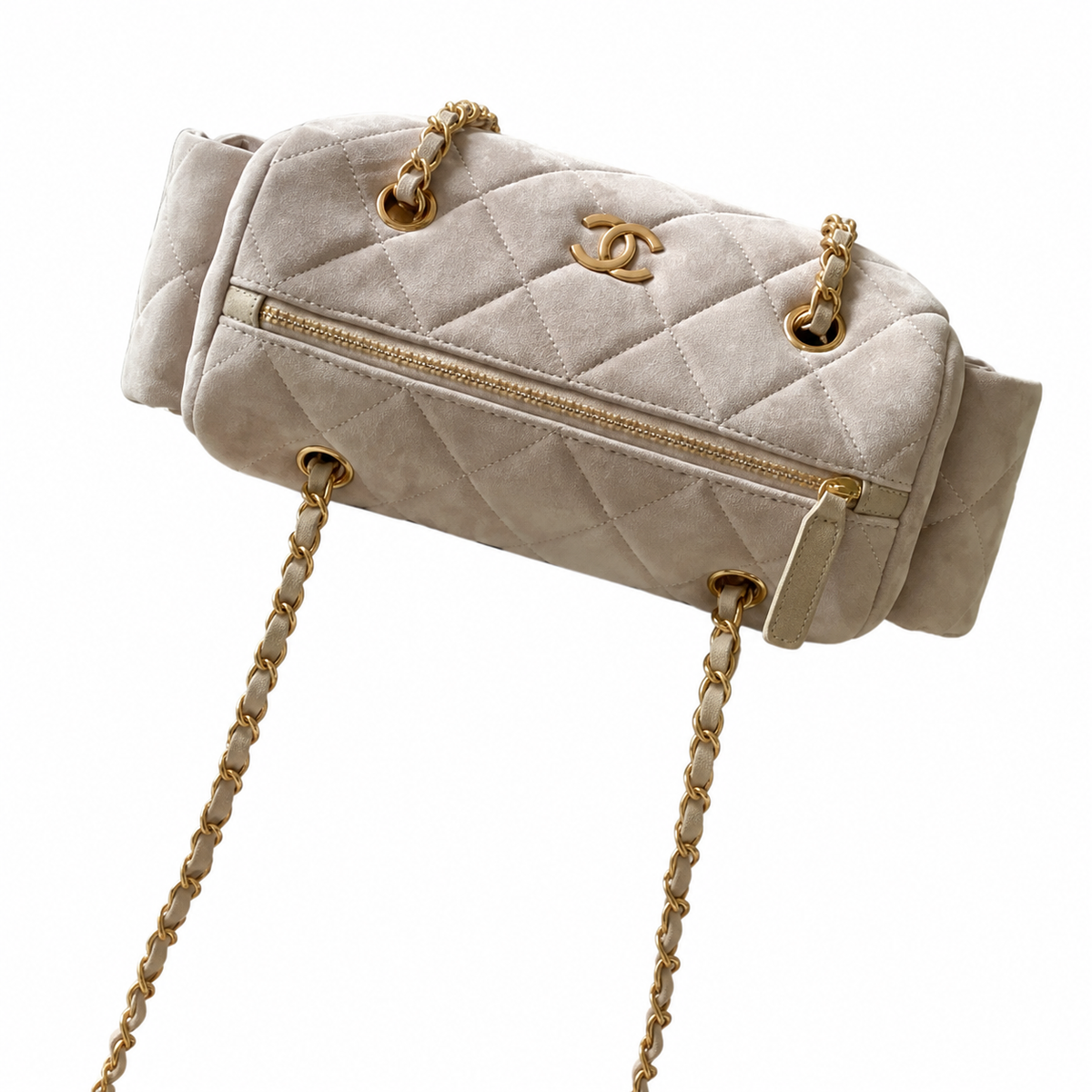 Chanel Quilted Off-White Suede Camera Bag with Gold CC Logo