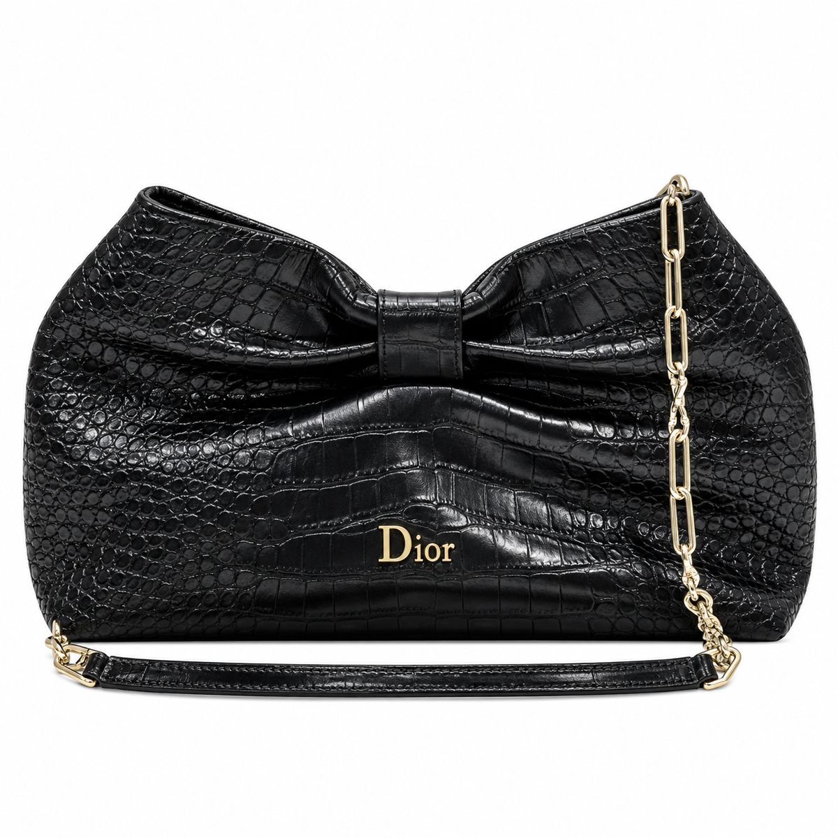 Dior Bow Clutch in Black Crocodile-Embossed Leather with Silver Zip