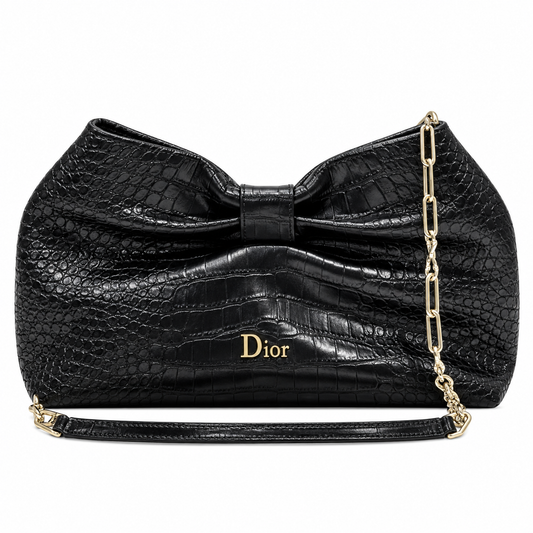 Dior Bow Clutch in Black Crocodile-Embossed Leather with Silver Zip