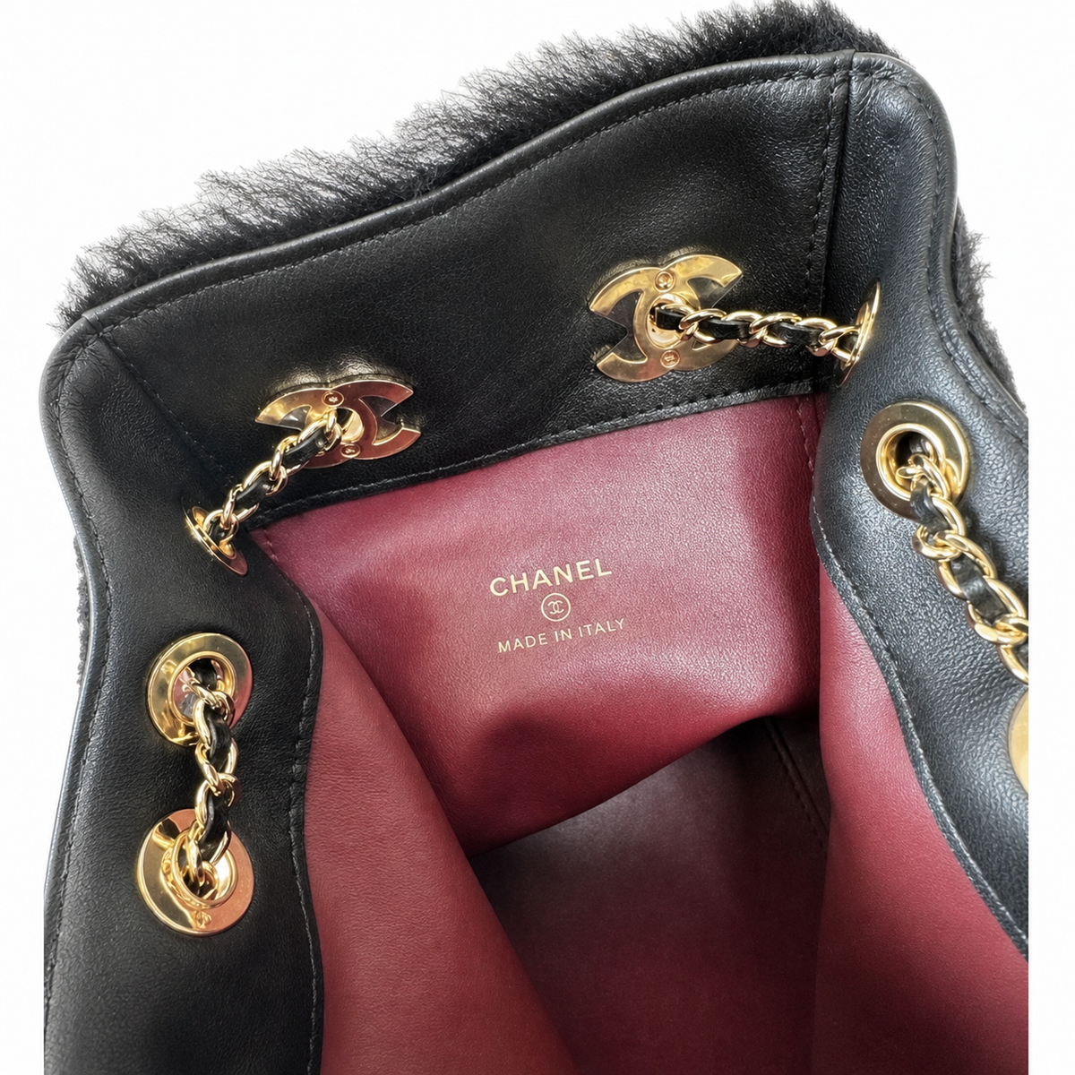 Chanel Black Fuzzy Chain Bucket Bag