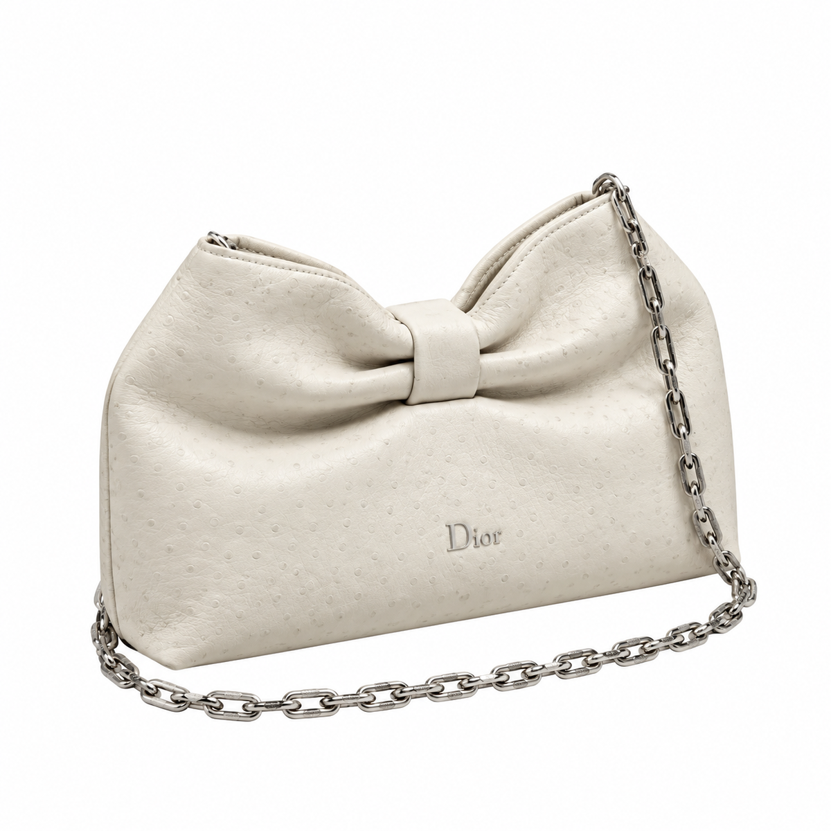 Dior Bow Bag in Ivory Ostrich-Embossed Leather with Silver Paperclip Chain