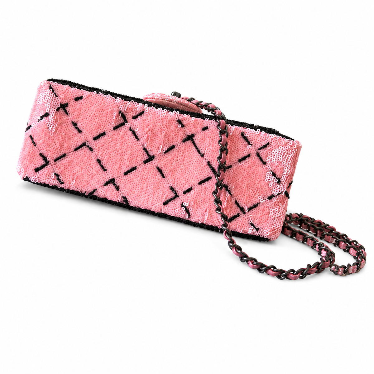 Chanel Quilted Pink and Black Sequin Classic Flap Bag with Gunmetal Chain