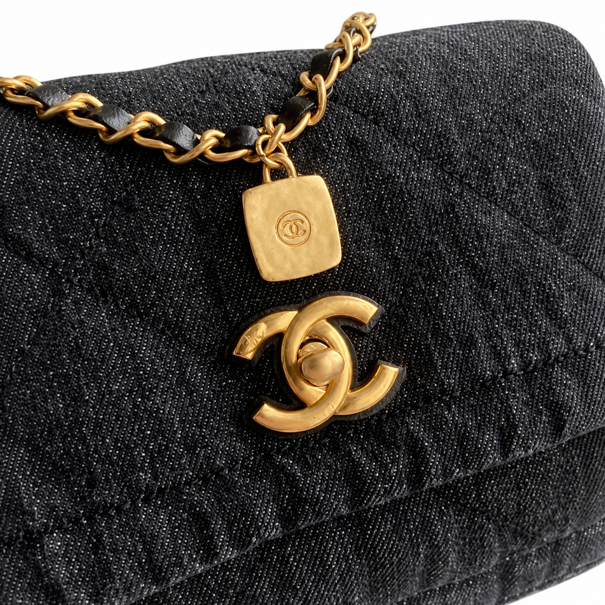 Chanel Quilted Navy Denim Flap Bag with Gold CC Lock and Charm