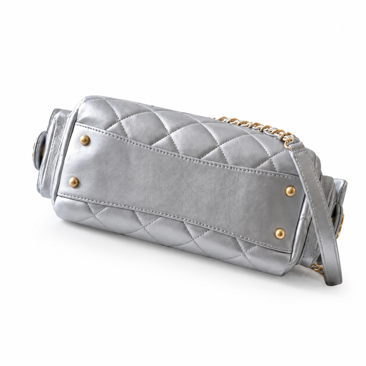 Chanel Quilted Silver Metallic Camera Bag with Gold CC Logo