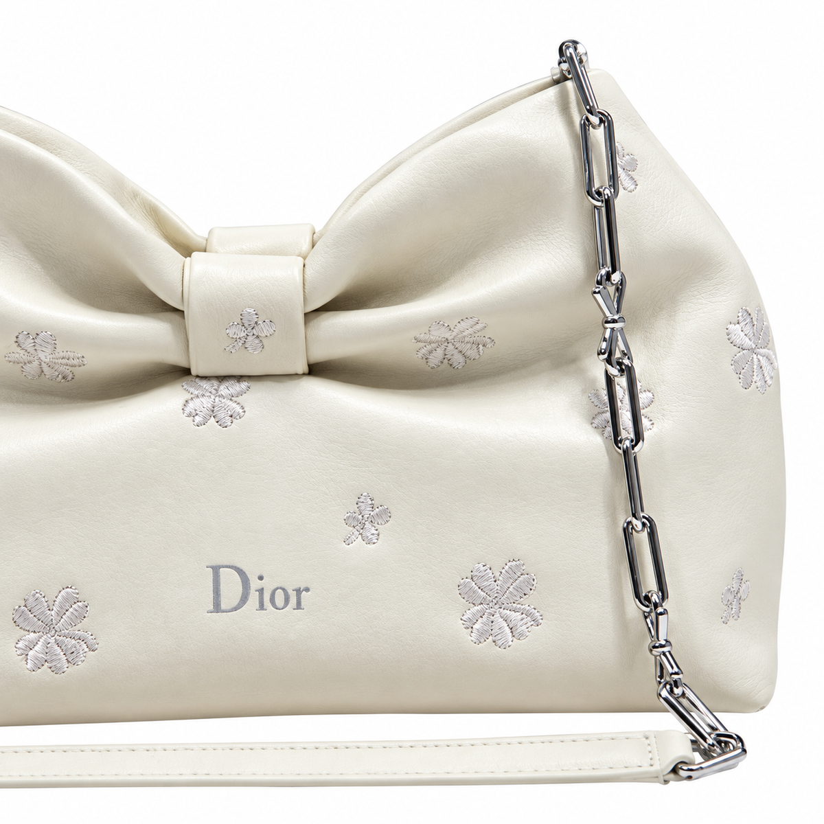 Dior Bow Bag in Ivory Lambskin with Floral Embroidery and Silver Chain