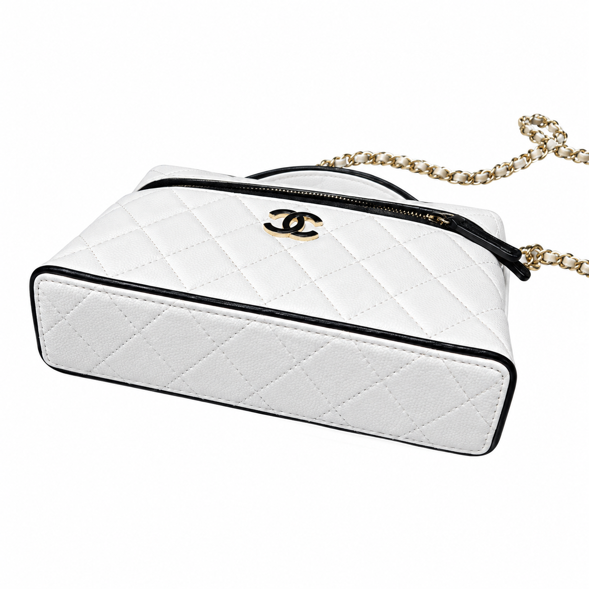 Chanel White Black Quilted Vanity Case with Chain