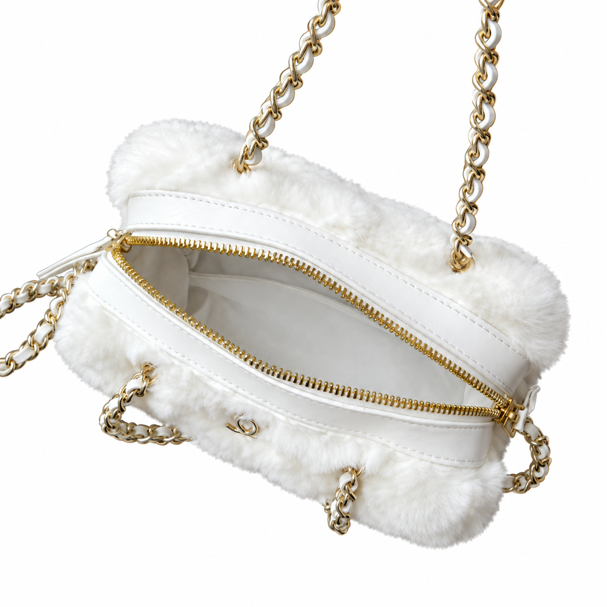Chanel White Faux Fur CC Shoulder Bag with Chain