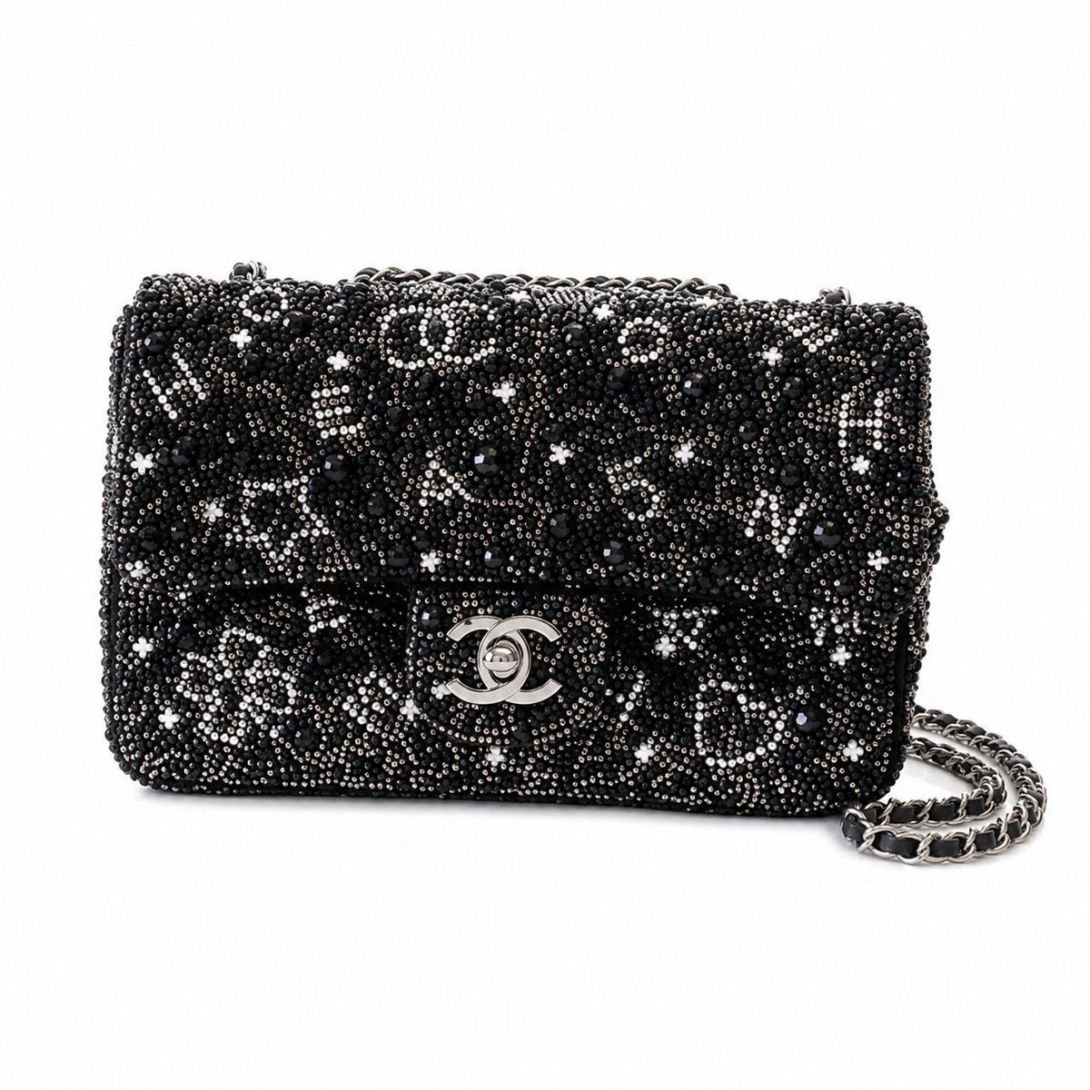 Chanel Classic Flap Bag in Black Crystal Embellishment with Silver CC Lock