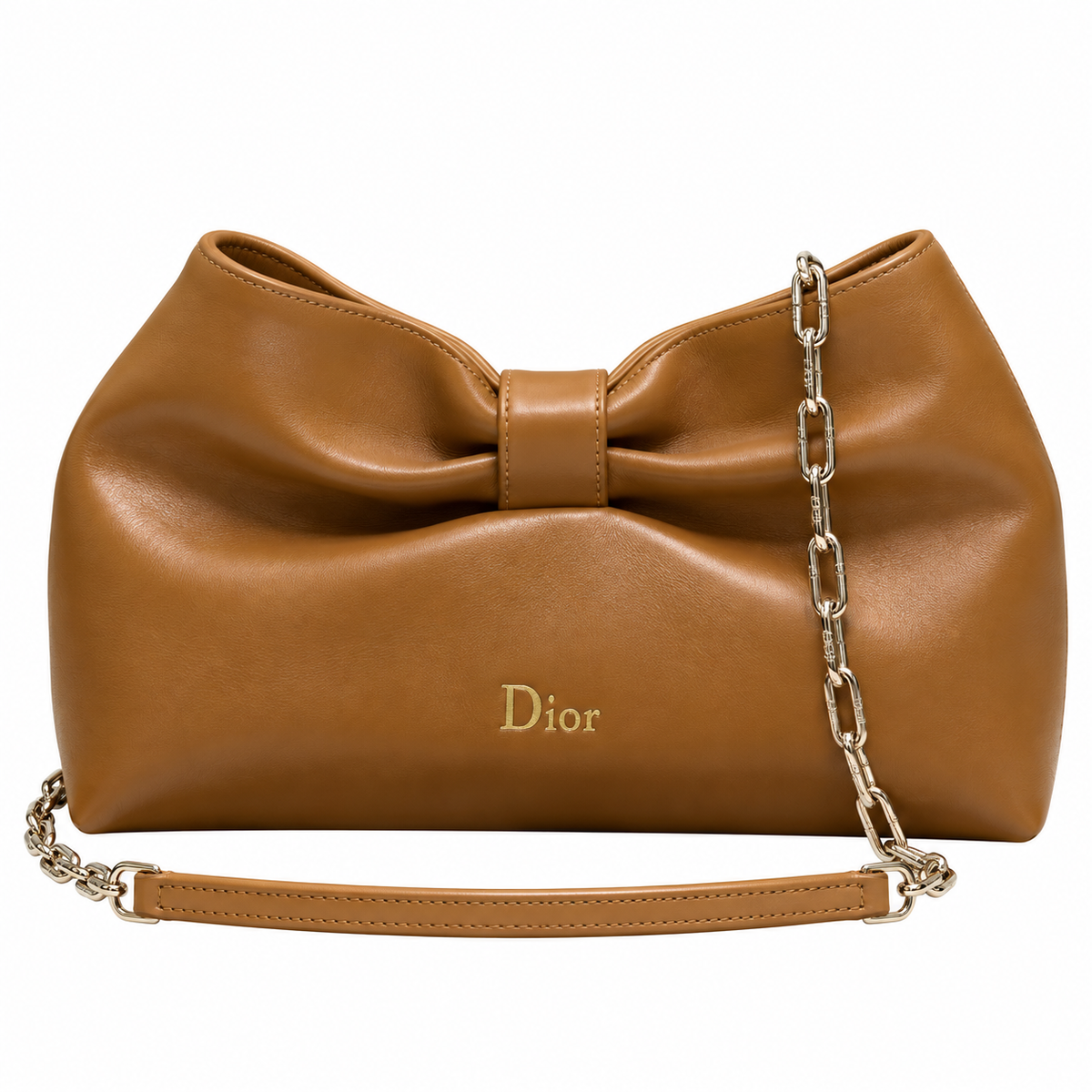 Dior Bow Bag in Caramel Lambskin Leather with Silver Chain Strap