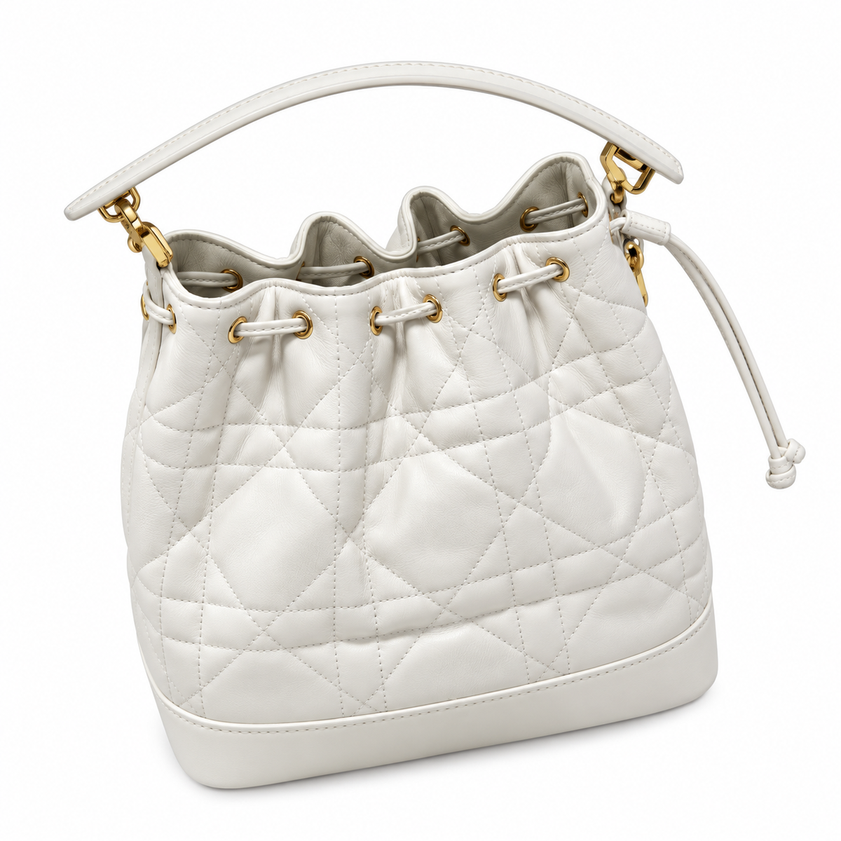 Dior Jolie Bucket Bag in White with Gold Drawstring Hardware