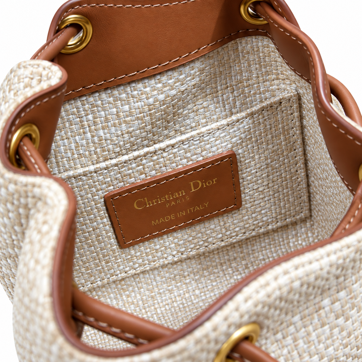 Dior Raffia Woven CD Logo Drawstring Bucket Bag