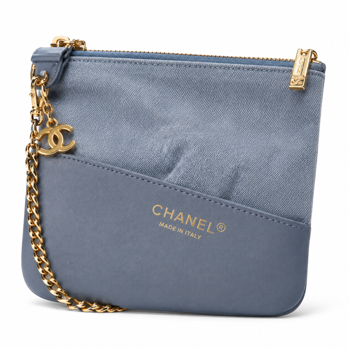 Chanel Quilted Denim Chain Tote Bag in Light Blue with Gold CC Charm