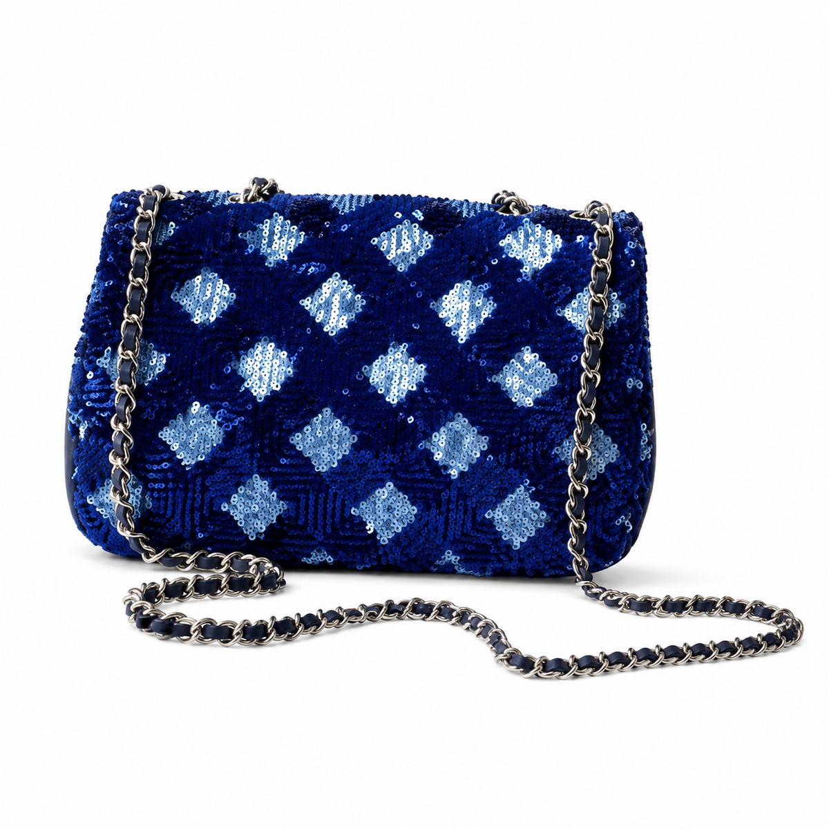 Chanel Quilted Royal Blue Sequin Classic Flap Bag with Silver CC Lock