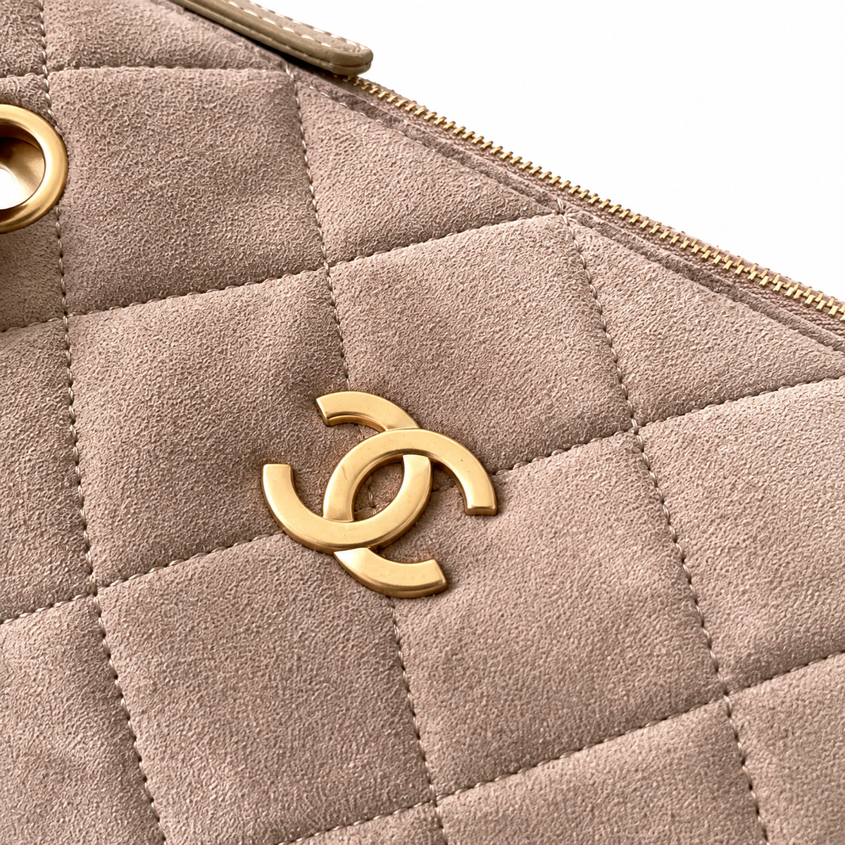 Chanel Quilted Taupe Suede Camera Bag with Antique Gold CC Logo