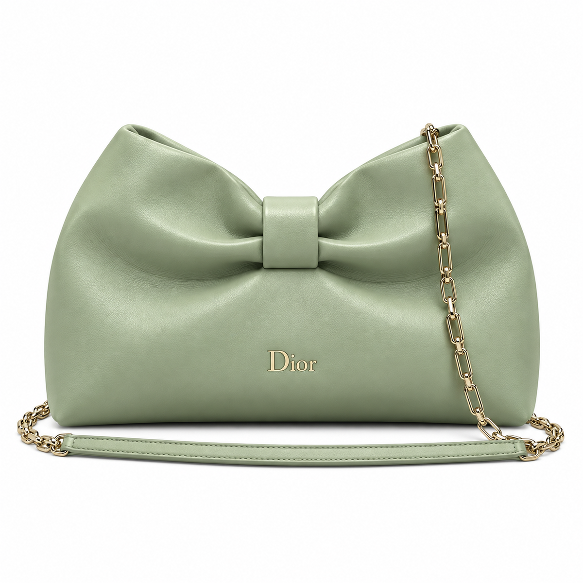 Dior Bow Bag in Sage Green Lambskin Leather with Bow-Shaped Gold Chain