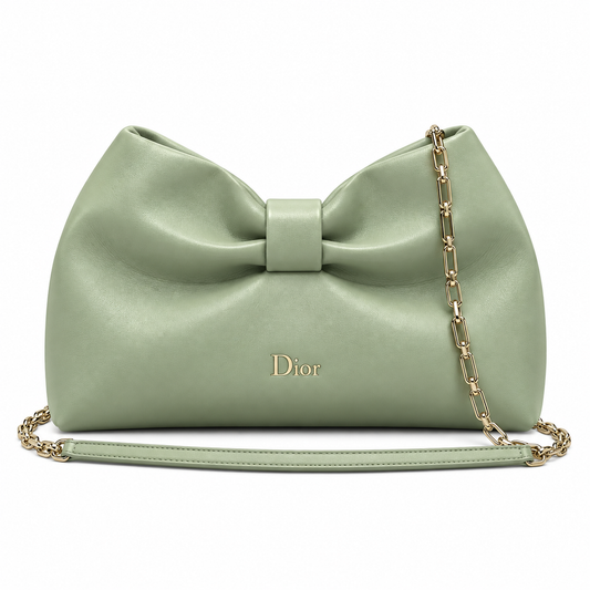 Dior Bow Bag in Sage Green Lambskin Leather with Bow-Shaped Gold Chain