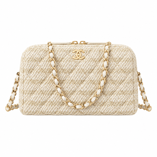 Chanel Beige Quilted Raffia Bowling Bag with Chain