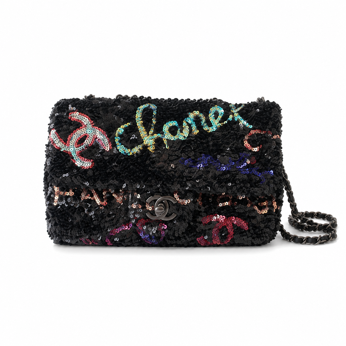 Chanel Classic Flap Bag in Black Sequin with Pink Graffiti Logo
