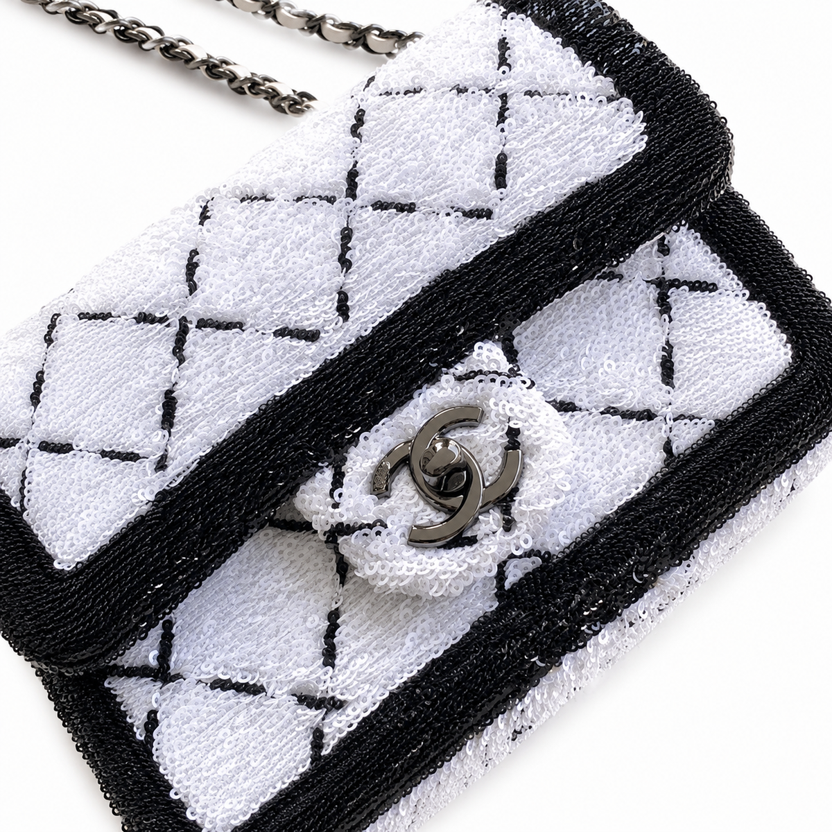 Chanel Quilted Black and White Sequin Evening Clutch with Silver Chain