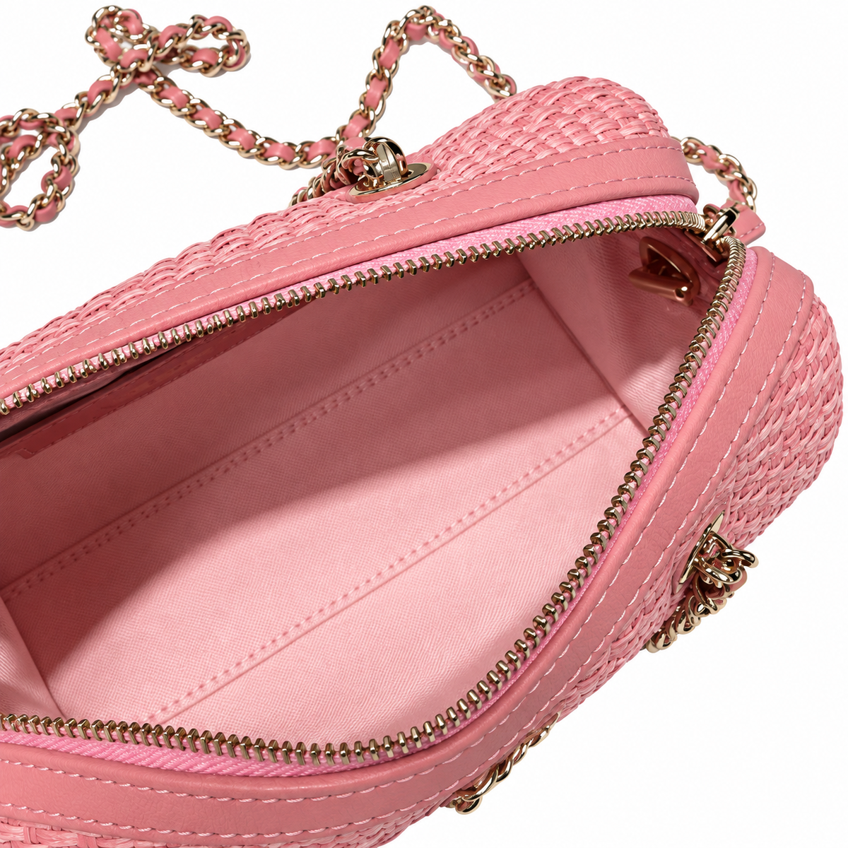 Chanel Pink Woven Raffia Small Vanity Case with Chain