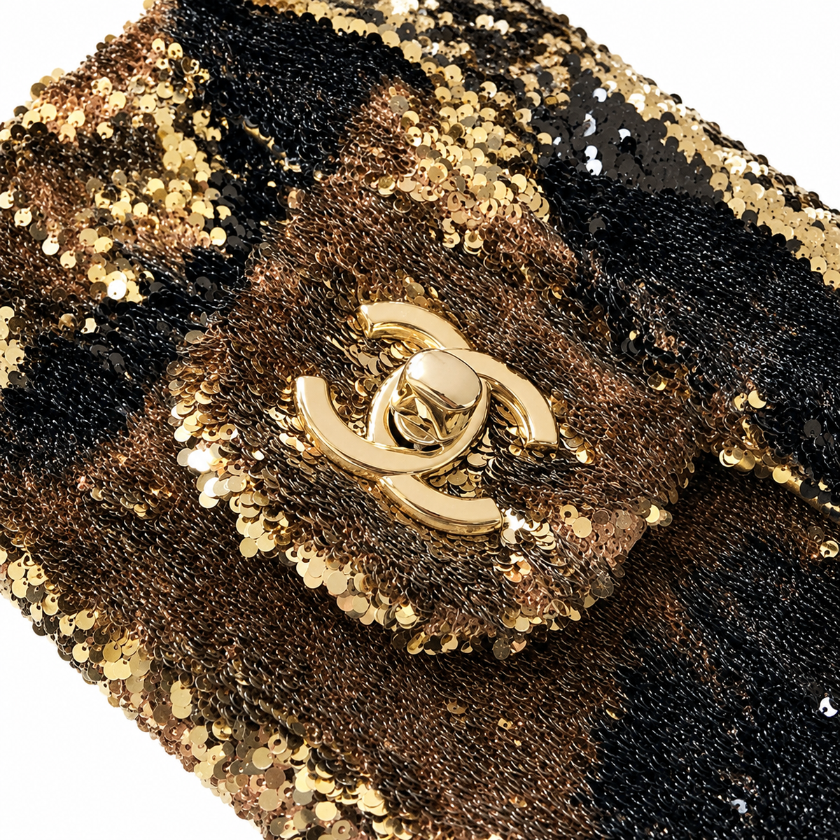 Chanel Classic Flap Bag in Black and Gold Striped Sequin with Gold Chain