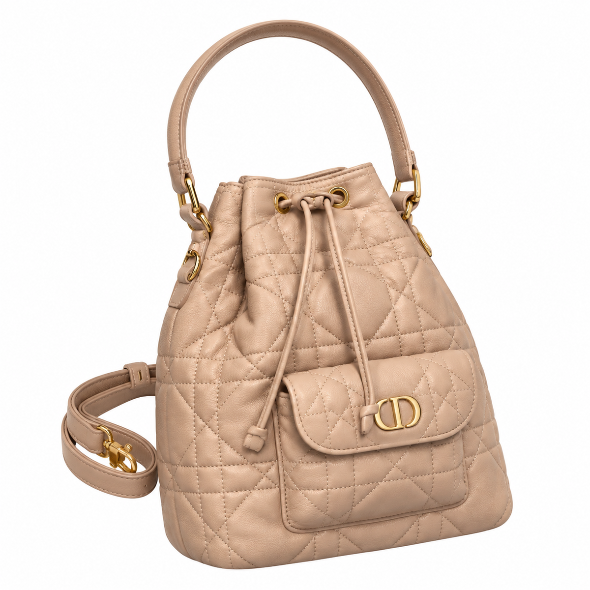 Dior Caro Bucket Bag in Rose Nude Cannage Leather with CD Clasp