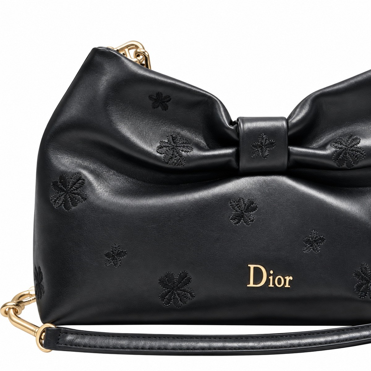 Dior Bow Bag in Black Leather with Floral Embroidery and Gold Chain