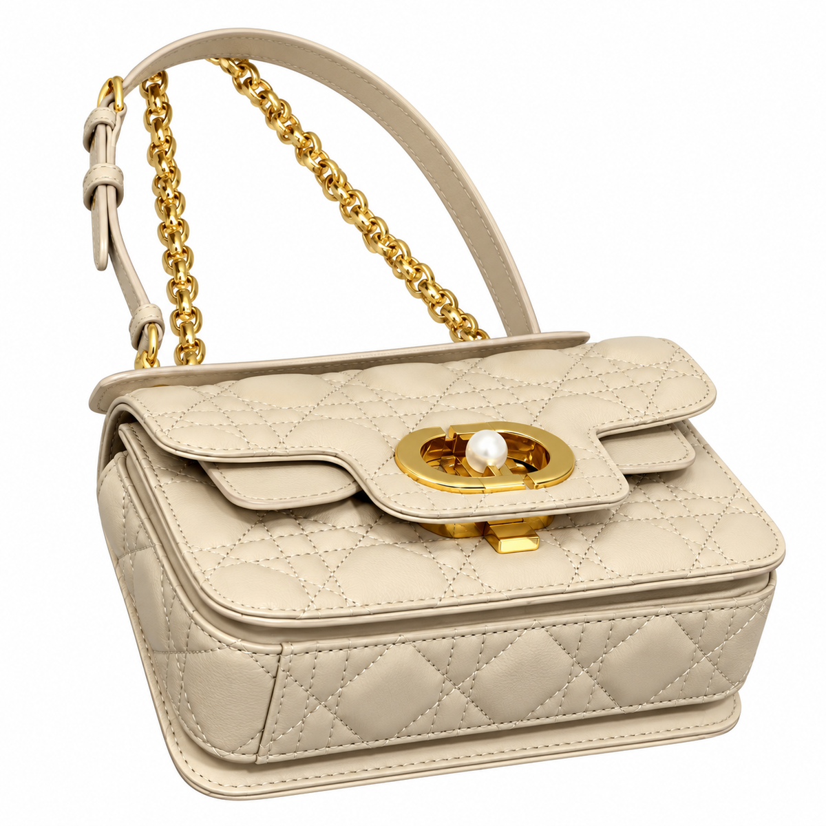 Dior Small Jouis Flap Bag in Greige with Pearl Chain Strap