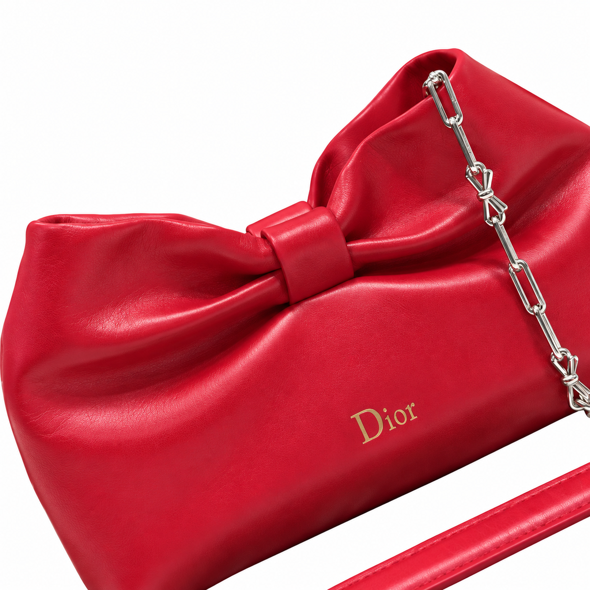 Dior Bow Bag in Rouge Red Lambskin Leather with Silver Chain Strap